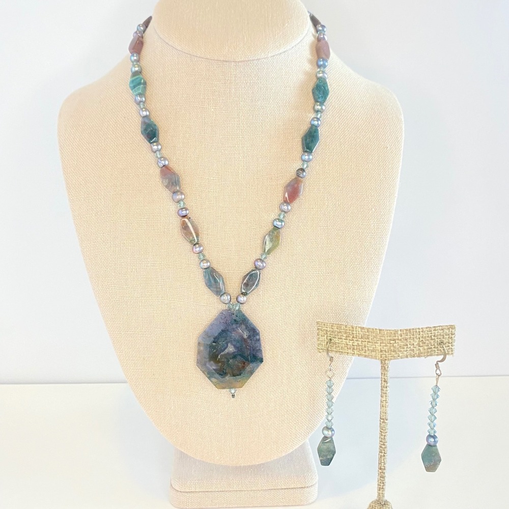 Moss Agate Pearl Crystal Pendant‎ Necklace Earrings Set Toggle Clasp Closure